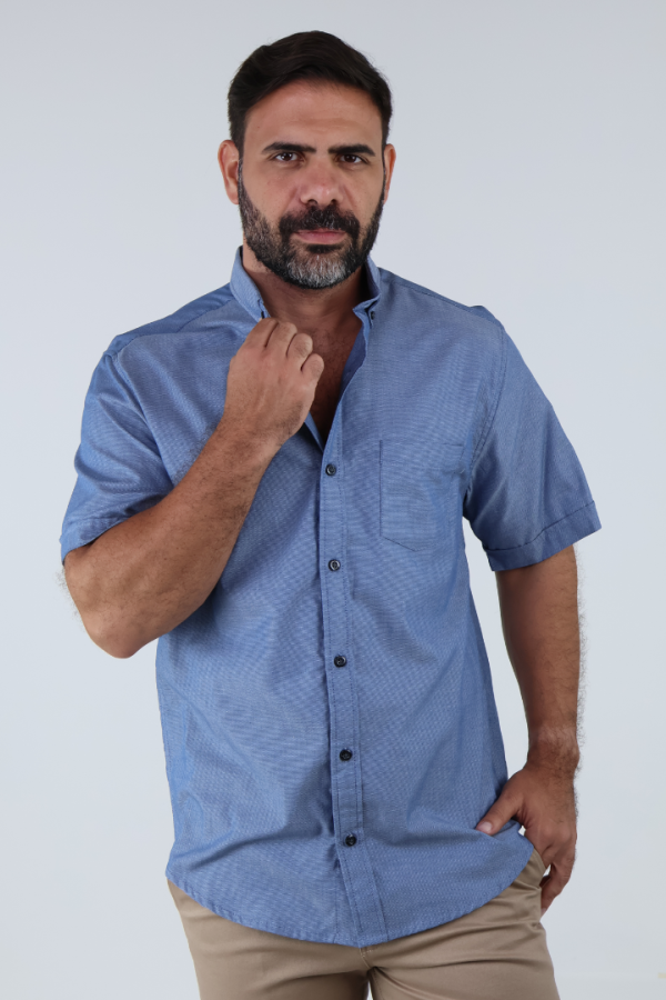 Camisa Formal Manga Corta Azul Jaspe Tela Con Textura para Hombre